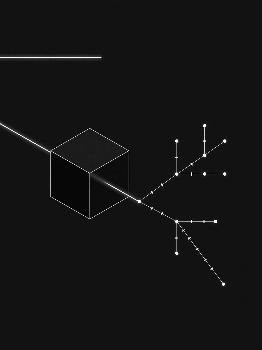 A thread of light entering a sealed cube and leaving as a branch graph